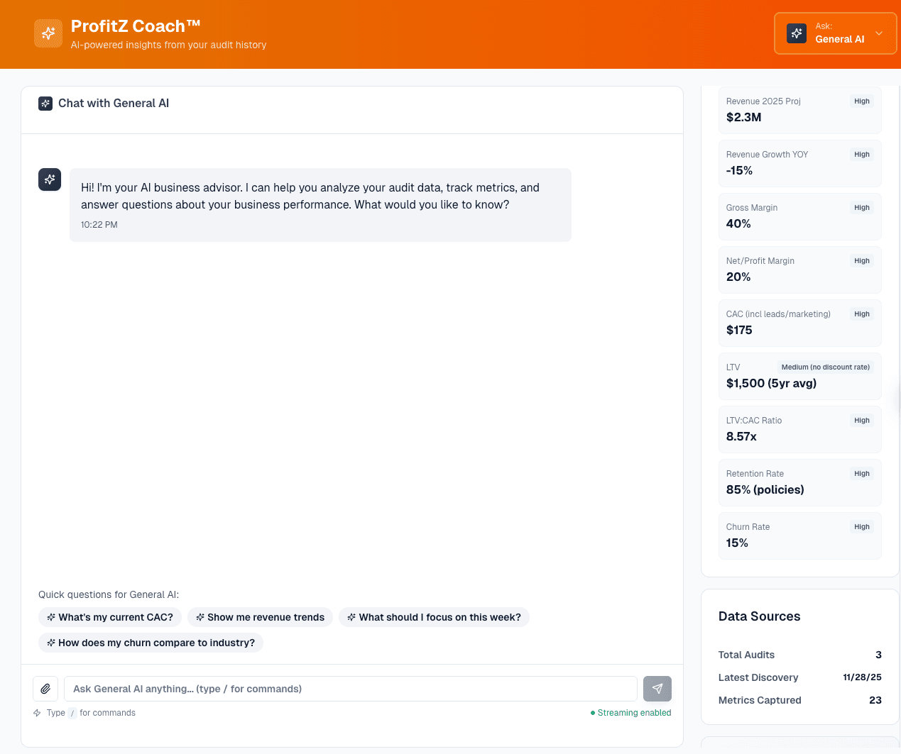 ProfitZ Coach interface showing AI chat with real-time business metrics sidebar