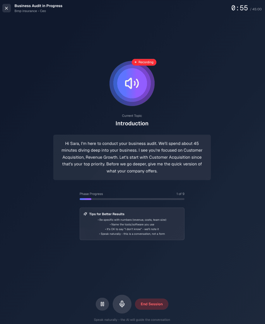 ProfitZ Realtime voice discovery interface showing AI conversation in progress