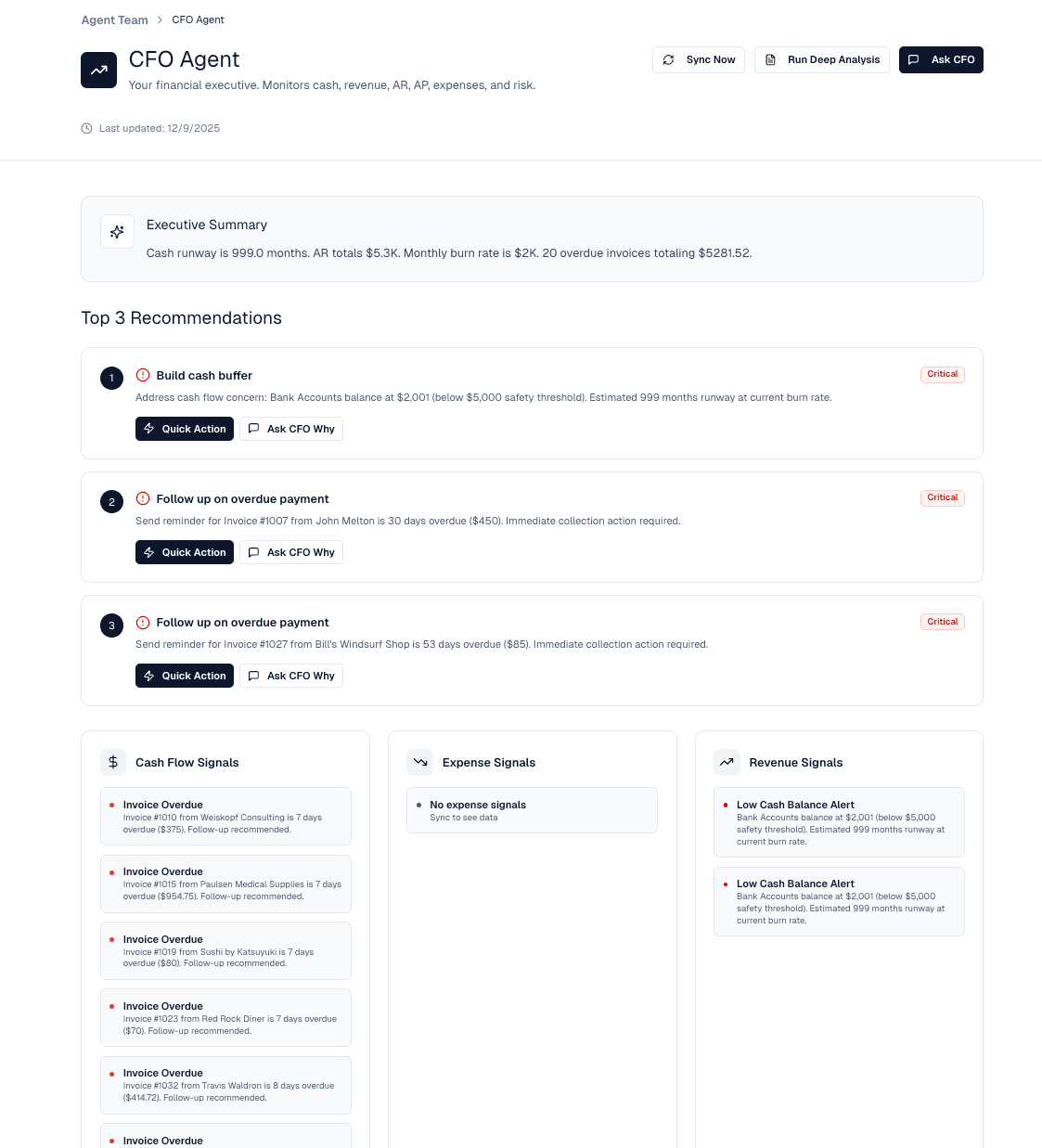 CFO Agent dashboard showing executive summary, top 3 recommendations, and signal categories